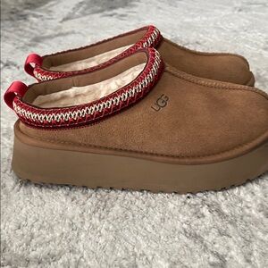UGG Women's Tan Mules with Red Accents